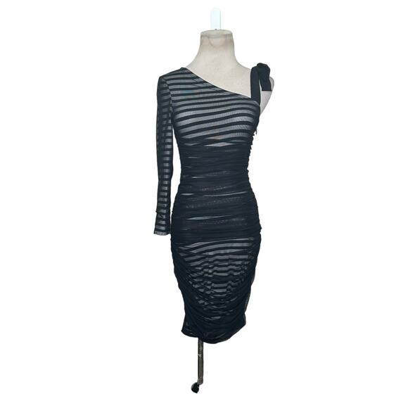 BCBGMAXAZRIA Black Striped One Shoulder Mesh Overlay Cocktail Dress size XS - Picture 15 of 16